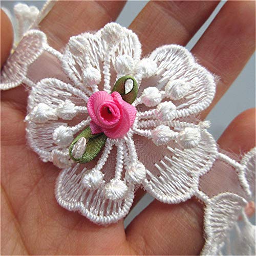 15Pcs Flower Lace Ribbon Edge Trim With Pearl Beads Polyester Voile Colored Buds Floral Vintage White Edging Trimmings Fabric Embroidered Applique Sewing Craft Wedding Dress (Style 3) #TOP2