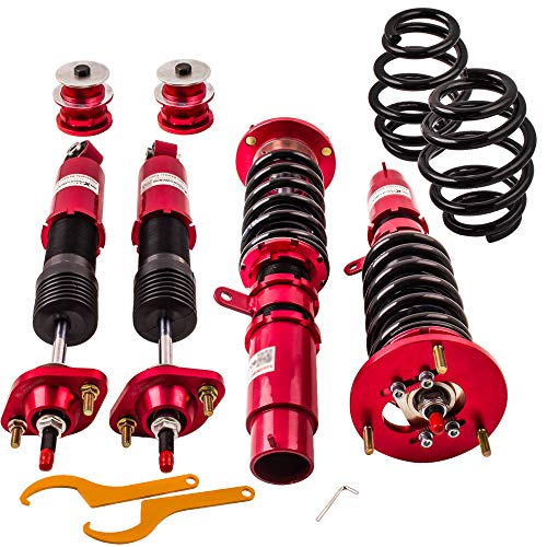 maXpeedingrods 4x Coilover, Amortiguador para BMW E46 3-Series 320i 323i 325i con Muelle, Suspensión Regulable de 24 Niveles, Juego Completo (2 Delanteros y 2 Traseros) de Resorte Helicoidal Rojo