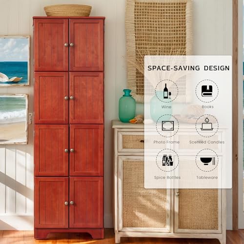 CKEASEAN Farmhouse Tall Storage Cabinet with 8 Doors, 72\" H Wooden Kitchen Pantry with 4 Shelves, 4-Tier Freestanding Bookshelf, Rack for Living Room, Bathroom (Cherry)