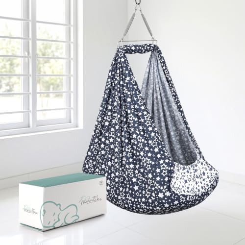 Image of Baby Cradle Swing for Newborns | Cotton Fabric Filled with Recron Fibre | Hanger Spring, Mosquito Net & Mattress with Insert Pocket | Jhoola, Thottil, Joli, Jokali, Onjal (Navy Star)