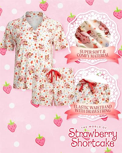 Image of COCO BRANDS Strawberry Shortcake Womens Pajama Set - 2 Piece Short Sleeve Button Down Sleep Shirt and Pajama Shorts