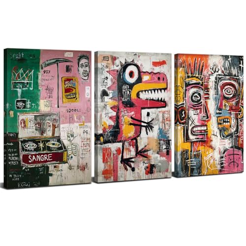 Jean Michel Basquiat Wall Art Basquiat Posters Prints Pictures for Boy Bedroom Abstract Street Pop Art Wall Decor Graffiti Paintings Colorful Canvas Artwork Living Room Home Decorations 12x16” 3Pcs