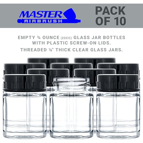 Master Airbrush (Pack of 10) TB-001 Empty 3/4 Ounce (22cc) Glass Jar Bottles with Plastic Lids - Replacement Jars, Paint Storage Bottles - Jars Screw Into Siphon Feed Airbrush Lid Adaptor Assemblies