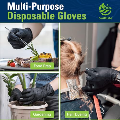 Image of SWIFTLITE Black Nitrile Gloves, Food Safe Disposable Gloves Latex Free, Rubber Gloves Powder Free for Cooking, Kitchen Clean