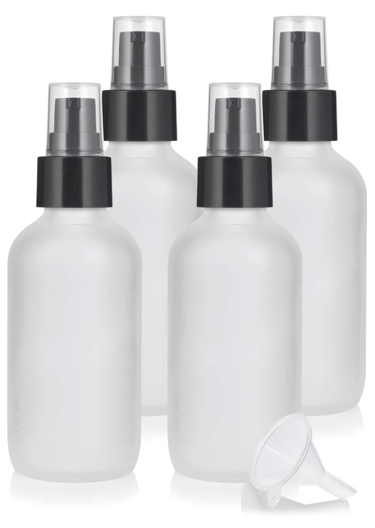 4 oz Frosted Clear Glass Boston Round Bottle with Treatment Pump (4 Pack) + Funnel