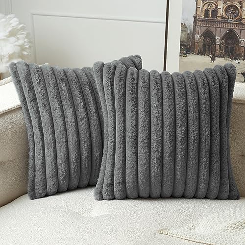 MIULEE Plüsch Kissenbezug 45x45 Deko Flauschige Kissenbezüge Kunstpelz Fell Sofakissen Flauschig Dekokissen Kissenhülle für Wohnzimmer Schlafzimmer Sofa Kuschelkissen Grau 2er Set