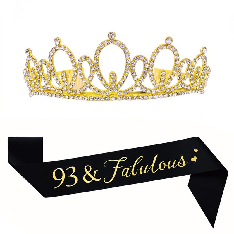 Mayin Happy 93rd Birthday Tiara and Sash Gifts Crystal Rhinestone Princess Crown Birthday Women Party Favor Supplies Gold Crowns Black Sash