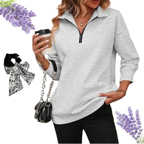 Womens Zip-Up Dropped Shoulder Sweatshirt, Quarter Zip Up Sweatshirt Women, Casual Outfits Pullover Sweatshirt (Flower Gray,S)
