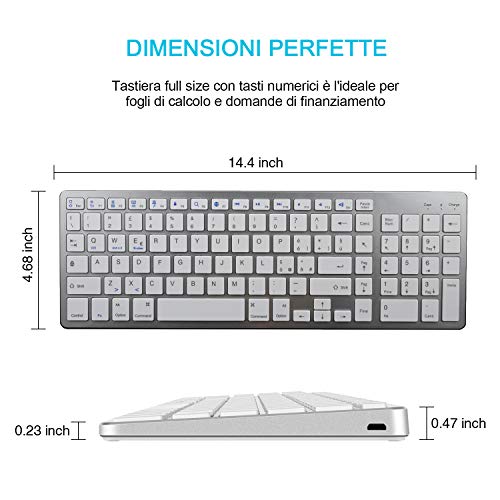 Zienstar -Tastiera Bluetooth Italiana,Tastiera Wireless Standard Ricaricabile con Tastierino Numerico per Tablet PC Desktop Portatile,Windows iOS Android-Grigio (Argento)