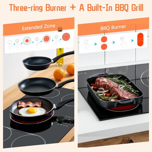 Image of 36 Inch Electric Cooktop(35.43 x 20.47inch), 5 Burner Built-in Electric Stove Top, 9600W 240V Cooktop with Magnetic Knob, Touch Control, 99Min Timer, Safety Lock, BBQ