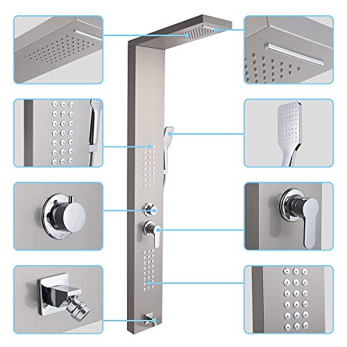 Homgrace Shower Panel Tower System,60\'\' Stainless Steel Rainfall Multi-Function Column Wall Mount Shower Fixtures, Waterfall, Rainfall, Hand Shower, Body Jets Massage, Bathtub Spout,Silver