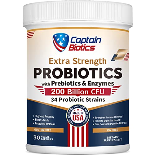 Captain Biotics Probiotics, 200 Billion CFU 34 Strains, with Prebiotics, Enzymes, for Digestive & Immune Health, Extra Strength, Shelf-Stable, Targeted-Release, Non-GMO, No Gluten, 30 Veggie Caps