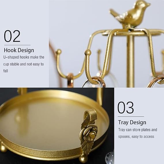 Gold Metal Coffee Mug and Saucer Tree Holder Countertop 6 Hooks | Tea Coffee Cup and Saucer Tree Holder with Small Storage Area for Counter,TeaCups Mug Tree Holder Rack Stand for Counter Top