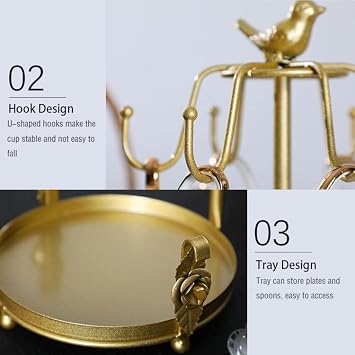 Gold Metal Coffee Mug and Saucer Tree Holder Countertop 6 Hooks | Tea Coffee Cup and Saucer Tree Holder with Small Storage Area for Counter,TeaCups Mug Tree Holder Rack Stand for Counter Top