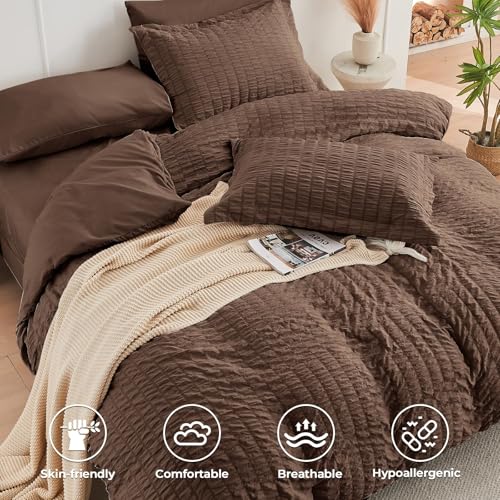 Image of HYMOKEGE Dark Brown King Size Comforter Set Seersucker 7 Pieces, All Season Luxury Bed in a Bag for Bedroom, Bedding Set with Comforter, Sheets, Pillowcases & Shams