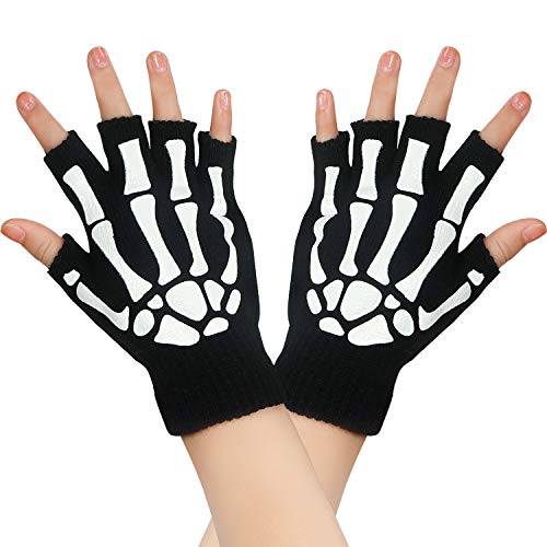 Tatuo 3 Pairs Skeleton Fingerless Glove Glow in the Dark Glove for Kid Adult Halloween(Medium)
