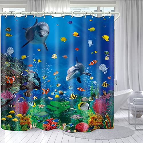 LYFANS Bathroom Underwater World 3D Deluxe Bathtub Shower Curtain, Waterproof Washable Fabric, 72x72 Inches, with 12 White Hooks