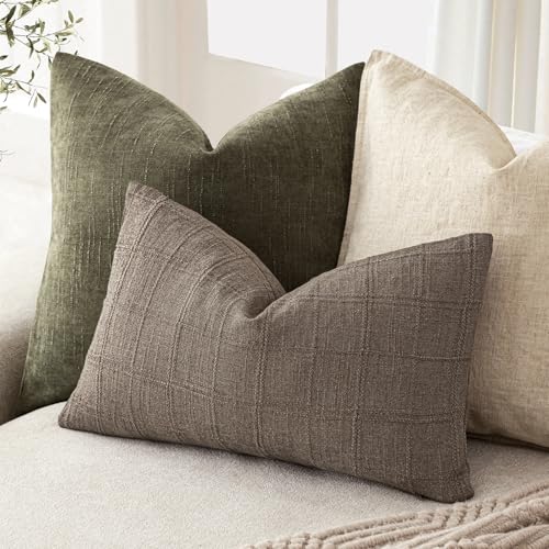 Image of Foindtower Set of 1 Decorative Linen Check Throw Pillow Cover Neutral Farmhouse Lumbar Cushion Cover Modern Boho Home Decor for Sofa Chair Couch Bedroom Living Room,12x24 Inch,Taupe Grey