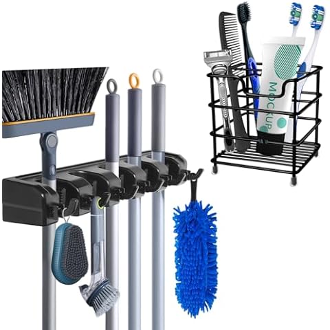 HYRIXDIRECT Wall Mount Broom Mop Holder Hanger Garden Tool and Toothbrush Holders for Bathrooms Stainless Steel Cover