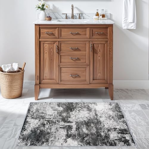 RUUGME 2x3 Abstract Area Rug:Large Washable Living Room Rug Indoor Non Slip Low Pile Carpet for Bedroom Soft Foldable Stain Resistant Distressed Thin Rug for Dining Room Kitchen 2x3 Black A