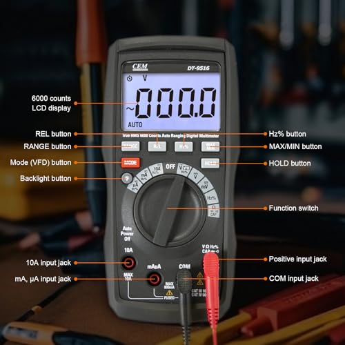 Image of CEM Digital Multimeter DT-9516,VFD Auto-Range 6000 Counts True-RMS 1000V AC /DC NCV, Measures Voltage Current Resistance Capacitance Frequency Duty Cycle,Tests Diodes Transistors,1KHZ
