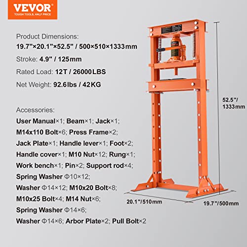 VEVOR Hydraulic Shop Press, 12 Ton/26000lbs, H-Frame, 4-Hold Adjustable Height, with Movable Plates, for Garage or Professional Users, Orange - Image 3