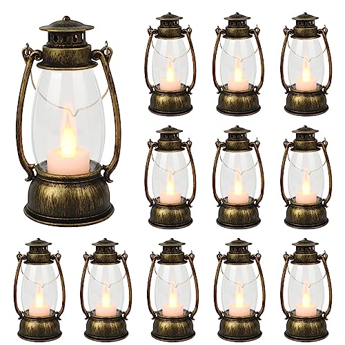 Reperla 12 mini faroles decorativos con vela LED parpadeante, a granel, faroles colgantes de 6 pulgadas, centro de mesa, decoración de linterna vintage para decoración de fiesta occidental, batería