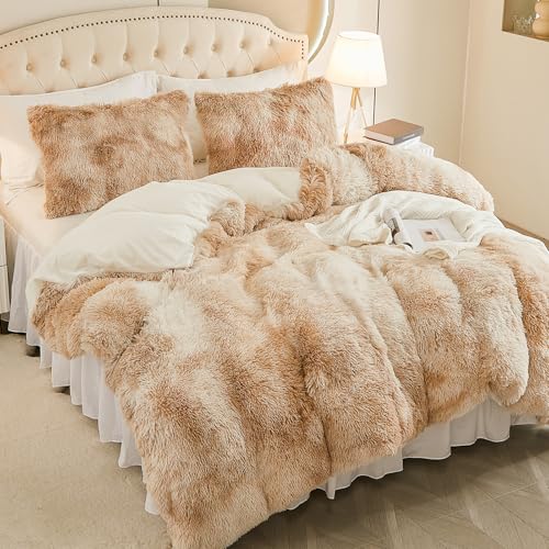 EMME Plüsch Bettwäsche Set 220x240cm Biber Flauschige Bettdecke Set für Bett Shaggy und Plüsch weiche Bettwäsche Bettbezüge und 2 Kissenbezug 80x80cm, Tie Dye Braun