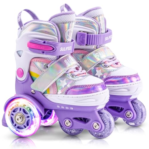 SULIFEEL Rainbow Unicorn 4 Size Adjustable Light up Toddler Roller Skates for Girls and Boys for Kids Purple