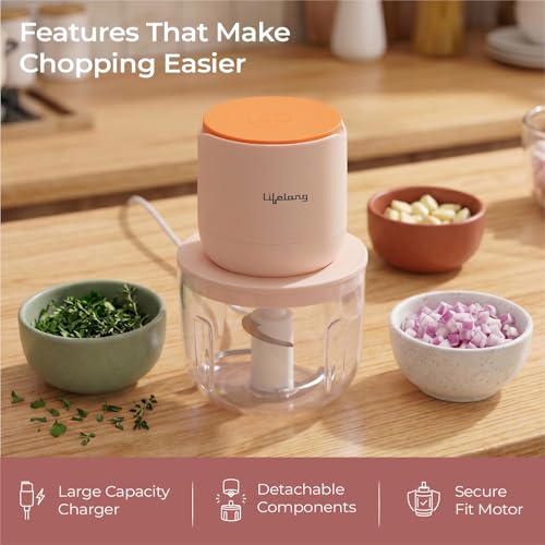 Image of Lifelong Rechargeable Electric Food Chopper with 600ml | 100W Motor | Triple SS Blades | USB Type-C Charging |3600 mAh Battery | One-Press Operation for Veggies, Meat, Garlic, Nuts & Baby Food(LLWC05)