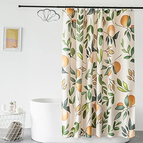 DeKeLaiFu Cloth Fabric Fruit Floral Orange Peach Shower Curtain Green Leaf with Steel Hooks, Vibrant Cute Beige Bright Colorful Shower Curtains Bathroom Waterproof Weighted (180 x 180 cm) Cover