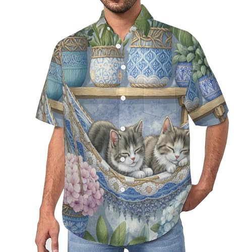 Chemise à manches courtes homme imprimé chat hamac en aquarelle mignonne