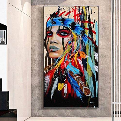 Toile art mur pop art fille indienne 80x150cm grand tableau salon peinture femme plumes cadre