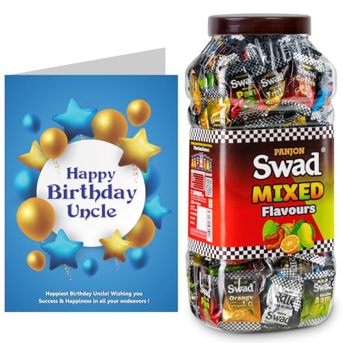 Image of Swad Happy Birthday Uncle Gift with Card (Swad Mixed Flavours Candy 200 Jar & 1 Greeting card) 2 units
