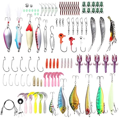 TUXIBIN 101Pcs Set Fishing Lure Kits Mixed Universal Multifunction Assorted Fishing Lure Set with Fishing Tackle Box - Including Spinners, Worm, Spoons, Hard Lure, Sinking Lures, ect YE101p Cover