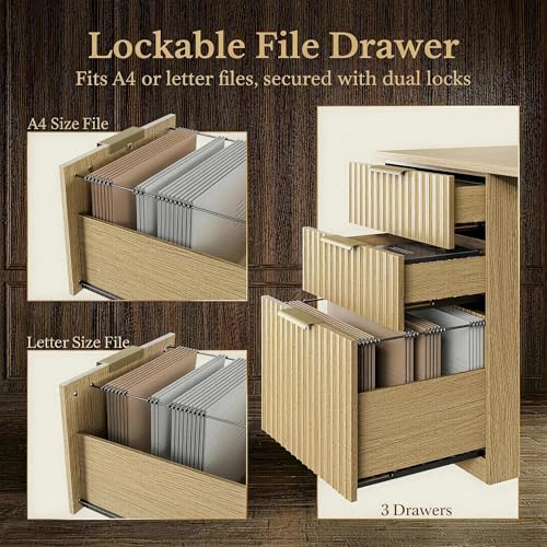 Image of 70 Inches L Shaped Executive Standing Desk, Electric Height Adjustable Desk with File Cabinet, Computer Corner Table with AC /USB and Privacy Panel for Home and Office, Light Walnut