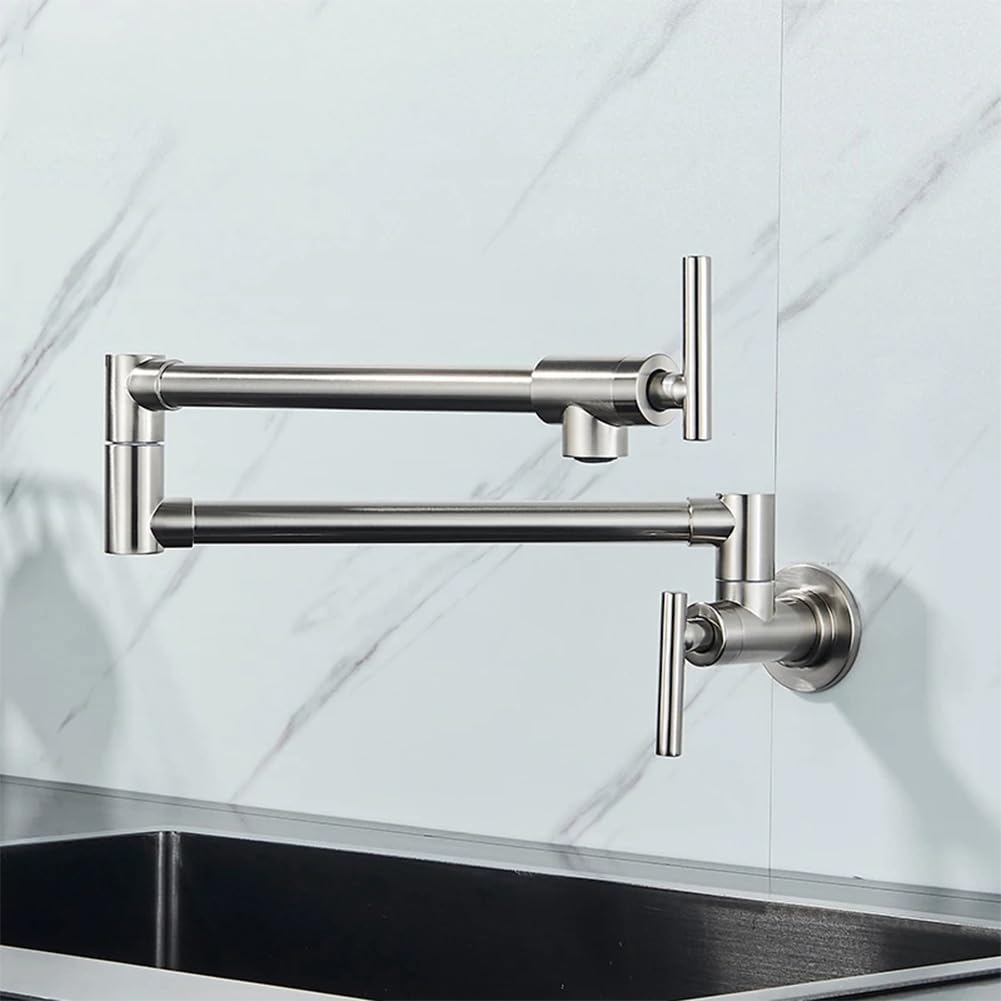 Grifo Cocina De Pared Grifo Cocina Fregadero, Solo Agua Fría, Llenado De Ollas, Latón Doble Mango Giratorio A 360° Plegable Griferia De Cocina, Cepillado
