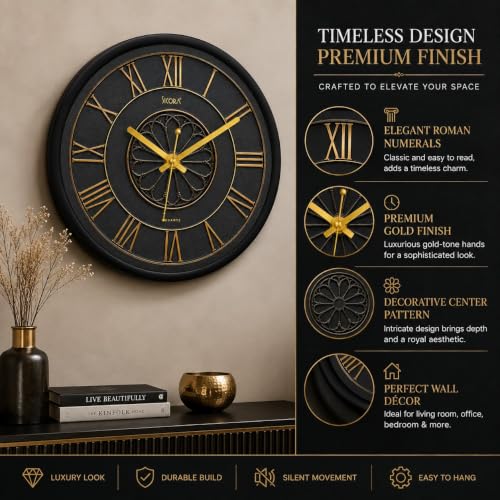 Image of Wall Clock with Silent Sweep Quartz Movement | Premium Round Analog Wall Clock | Minimalist Decorative Clock for Living Room, Bedroom, Office, Kitchen & Home Decor (Grey & Gold)
