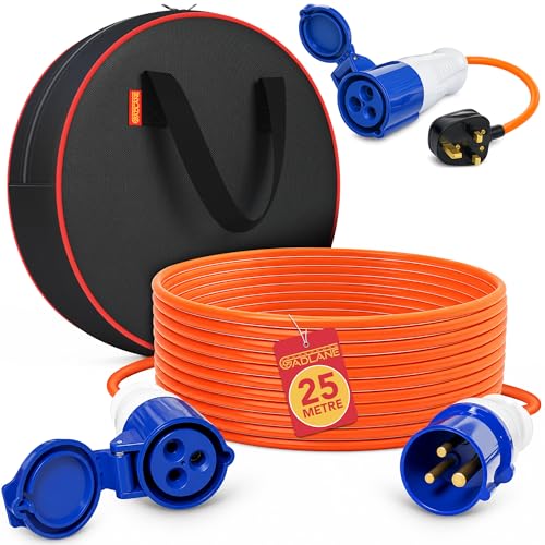GADLANE 25M Extension Lead Set - 16A 240V Camping Electric Hook Up Cable (25 Metres) 16Amp to 13Amp Adapter Fly Lead (35cm 250V UK Plug) & Water Resistant Cable Storage Bag - for Caravan/Motorhome