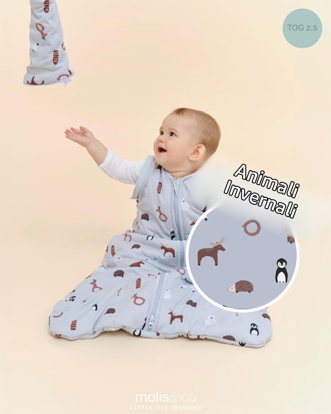 molis&co - Sacco nanna maniche staccabili per Neonati e Bambini - Sacchi Nanna 2.5 tog - 100% Cotone (Oeko-TEX 100) - Winter Animals (12 a 18 mesi)