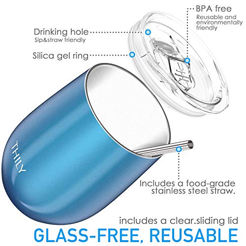 Thily Stainless Steel Stemless Wine Glasses 4 Pack Triple Vacuum Insulated Cute Wine Tumbler Set Travel Cups With Lid, Reusable Straw, 12 Oz, Keep Cold For Beer, Cocktails, Party, Sparkle Blue #TOP2