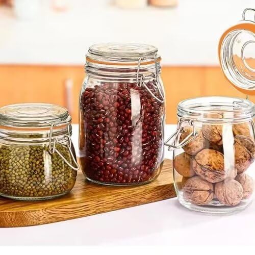 Encheng 32 oz Wide Mouth Mason Jars With Airtight Hinged Lids, Leak Proof Rubber Gasket - 1000ml Glass Storage Containers, Set of 4