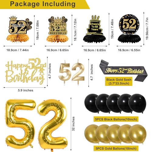 Image of 52nd Birthday Decorations for Men, Black Gold 52nd Party Decoration Kits | 27pcs Happy 52nd Birthday Set, Banner, Honeycomb, Balloons, Gold Number, Candle, Hanging Swirls, Cake Topper, Party Supplies