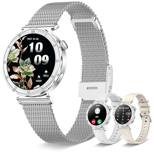 HXQHSTBG Smartwatch Damen mit Telefonfunktion,1,19' AMOLED Smart Watch Rund, 120+ Sportmodi Fitnessuhr, IP67-Wasserdicht, Herzfrequenz/Schlafmonitoring, Smartwatch mit Android & iOS (Silber)