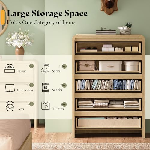 Image of 5 Drawer Dresser for Bedroom, 50 inch Tall Modern Chest of Drawers with Rounded Corners & Anti-Tip Kit, Wood Dresser Storage, Cabinet Organizer with Drawer Slides for Closet, Nursery, Apartment, Light Oak