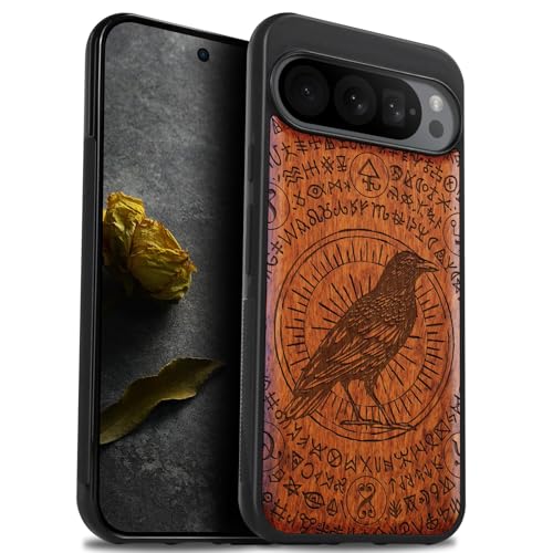 Carveit Wood Case for Pixel 9 Pro Case [Natural Wood & Black Soft TPU] Shockproof Protective Cover Unique Wooden Case Compatible with Google Pixel 9 Pro Case (The Haloed Crow-Red Wood)