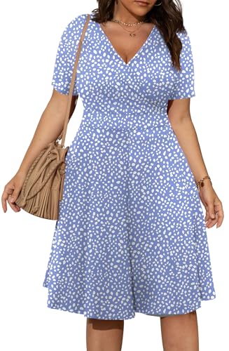 Image of POSESHE Womens Plus Size Dresses Summer Short Sleeve Wrap V-Neck Sundress Casual Wedding Guest Cocktail Dress with Pockets