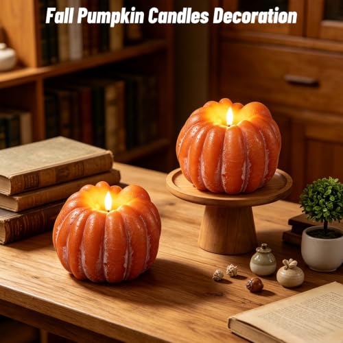 Image of Wondise Orange Fall Decorations Real Wax Pumpkin Candles with Remote Timer