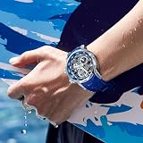 FEICE Męski zegarek automatyczny szkielet szkło szafirowe z gumową bransoletką obudowa ze stali nierdzewnej 46 mm FM511, niebieski, Nowoczesny
