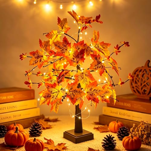 Herbstdeko Lichterbaum Für Innen mit Lichterketten und 24 LEDs, Ahornblatt Baum Lichter Herbst Deko Beleuchtung mit Timer und Für Tisch… – Ansicht 1